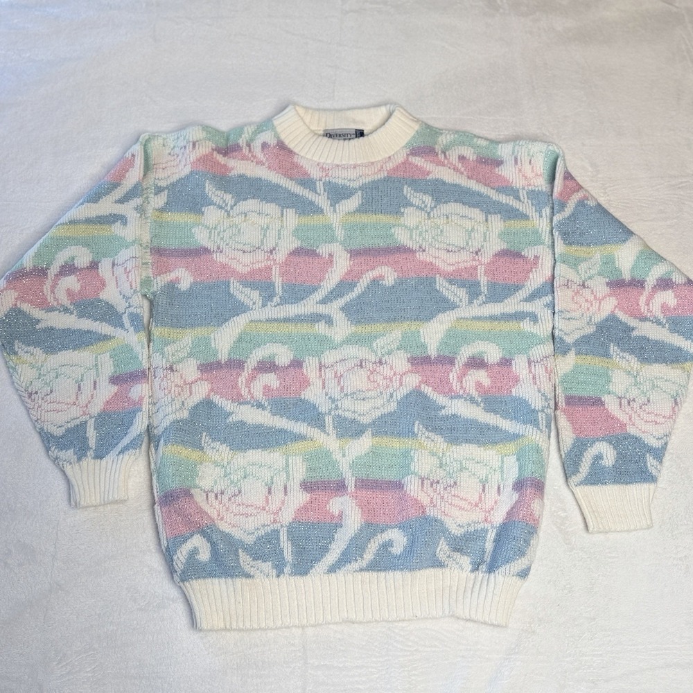 VTG 80s Pastel Floral Sparkle Lurex Shimmer Sweater USA Coquette Cottagecore PM